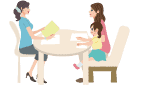 イラスト：女性と子ども1人と一緒に、相談している