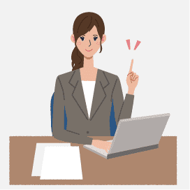 イラスト：パソコンを開いて机に座っている女性