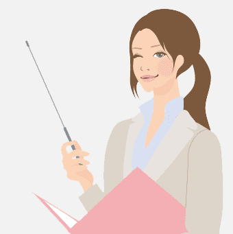イラスト：パソコンを開いて机に座っている女性