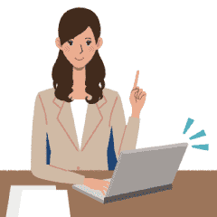イラスト：女性がパソコンを開きながら人差し指を立てている