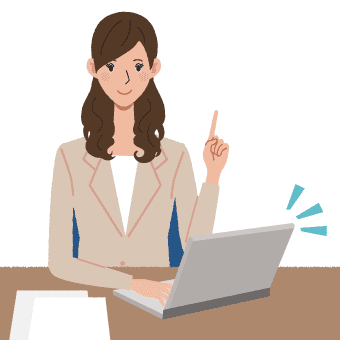 イラスト：女性がパソコンを開いて、人差し指を立てている